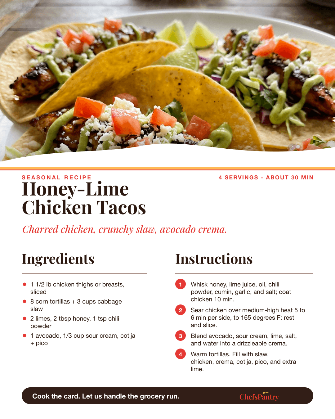 ChefsPantry recipe card for Honey-Lime Chicken Tacos with slaw and avocado crema.